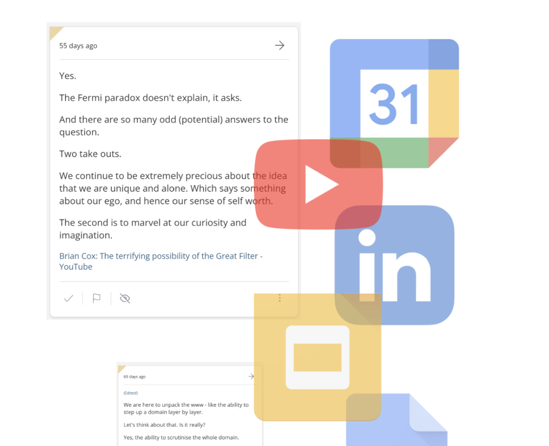 Screenshots of insite notes, with web application icons overlaid on top (Google Calendar, YouTube, LinkedIn, Google Slides)