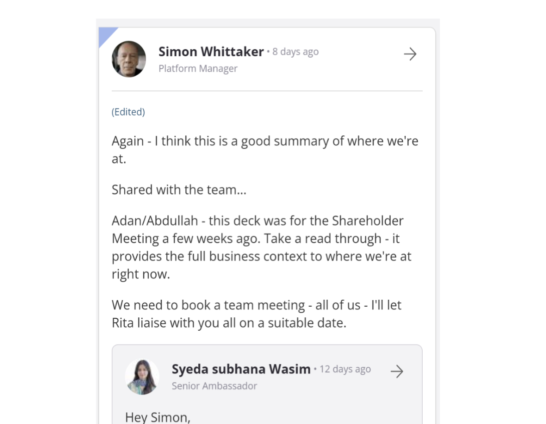 A screenshot of an insite note by Simon Whittaker, Platform Manager. The note quotes another person's message and includes instructions for further people to action.