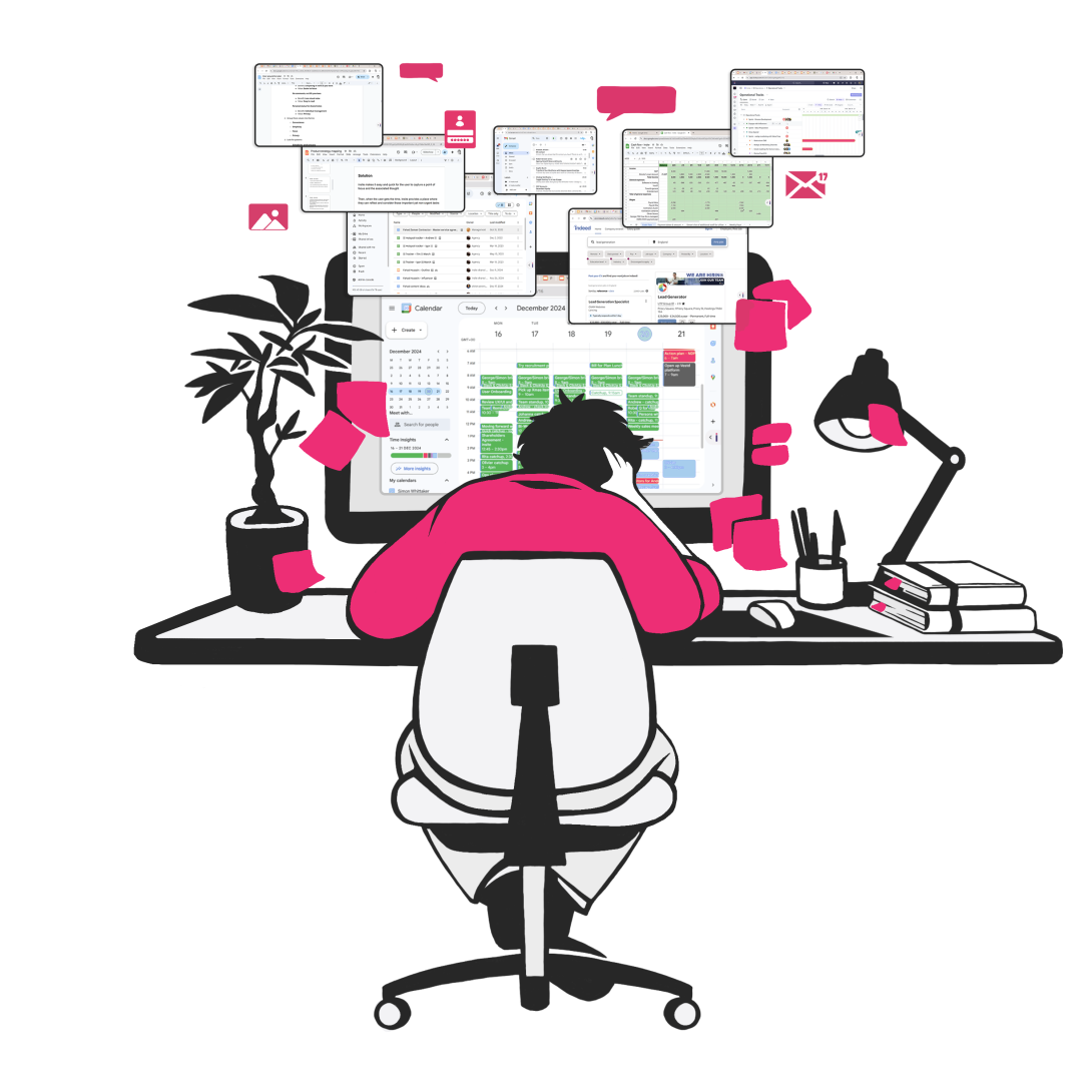 Illustration of a person sitting at a busy desk, with application tabs and icons shown floating over the computer screen and sticky notes everywhere